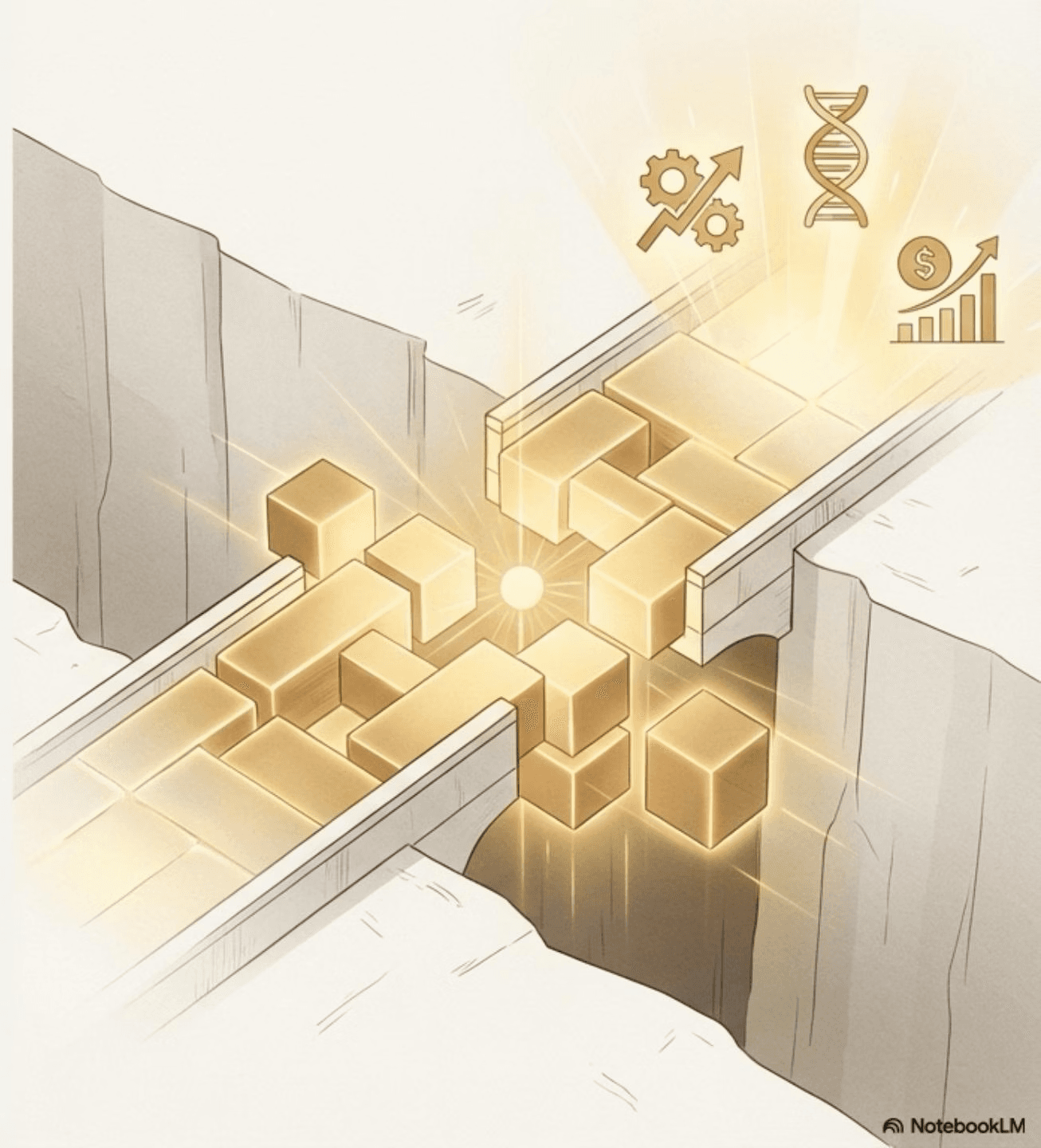 A bridge of golden blocks spanning a gap, with science, industry, and growth symbols above