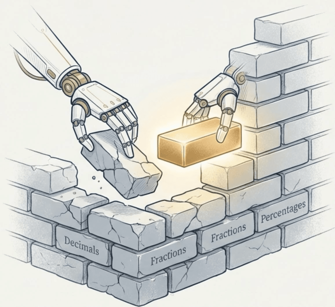 Robotic hands placing missing foundation bricks labeled fractions, decimals, and percentages