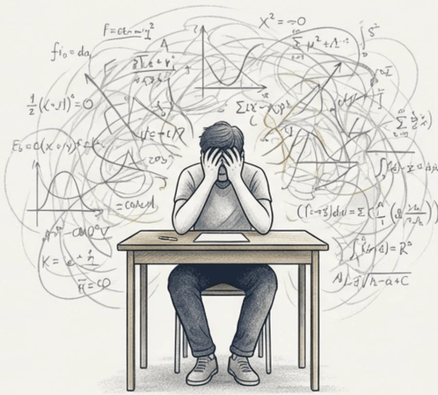 A student overwhelmed by a cloud of formulas and graphs