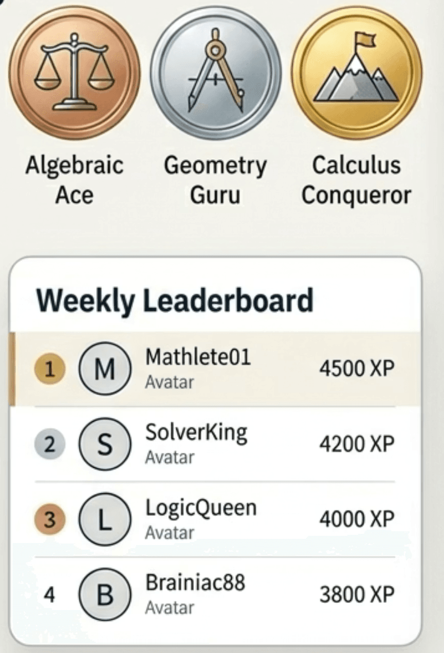 Algebraic Ace, Geometry Guru, and Calculus Conqueror badges above a weekly leaderboard