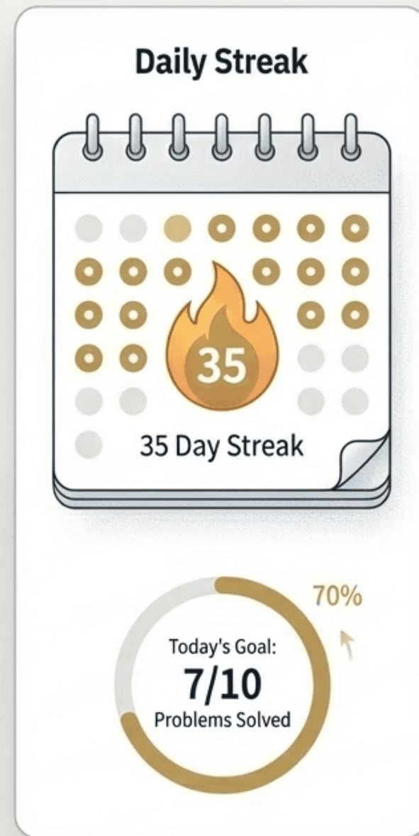 A 35-day streak calendar and a 7 out of 10 daily goal progress ring